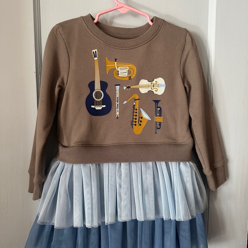 Tulle Sweatshirt Dress - Grey and Blue Musical Instrument Dress